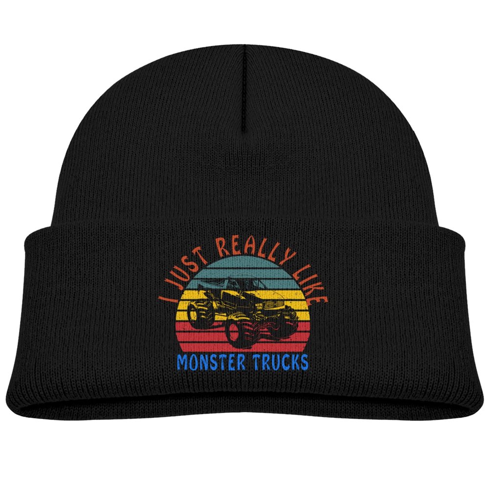 DARLEKS I Just Really Like Monster Trucks Kids Hat Knitted Beanie Skull Warm Winter Unisex for Baby Cuffed Beanie Cap Black