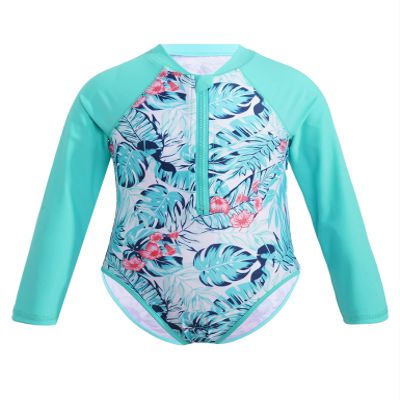 Moggemol Kids Girls One Piece Sun Protection Swimsuit Long Sleeve Surfing Rashguard Shirts Beach Swimwear Mint 6 Years