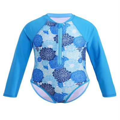 Moggemol Kids Girls One Piece Sun Protection Swimsuit Long Sleeve Surfing Rashguard Shirts Beach Swimwear Blue 8 Years