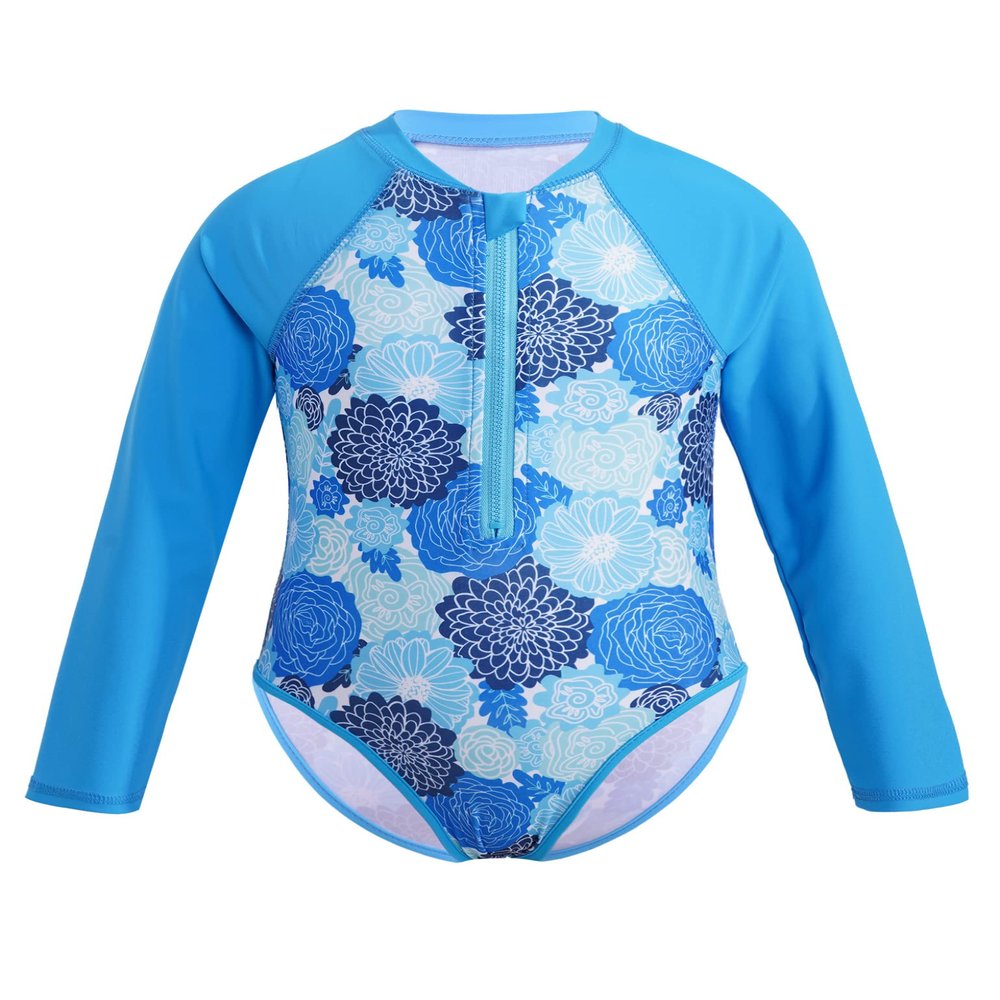Moggemol Kids Girls One Piece Sun Protection Swimsuit Long Sleeve Surfing Rashguard Shirts Beach Swimwear Blue 8 Years