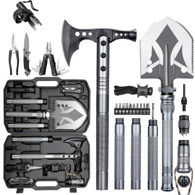 ZENHOSIT Multifunctional Folding Tactical Shovel Hatchet Combo - With Axe, Flashlight, Extension Handles - For Camping, Cycling, Hiking - 19.3-40.9 Inches