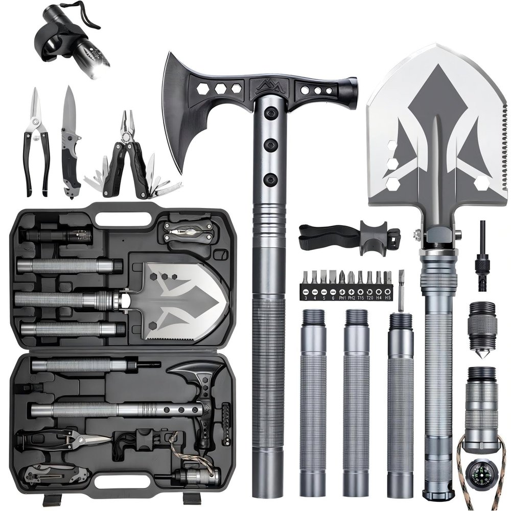 ZENHOSIT Multifunctional Folding Tactical Shovel Hatchet Combo - With Axe, Flashlight, Extension Handles - For Camping, Cycling, Hiking - 19.3-40.9 Inches