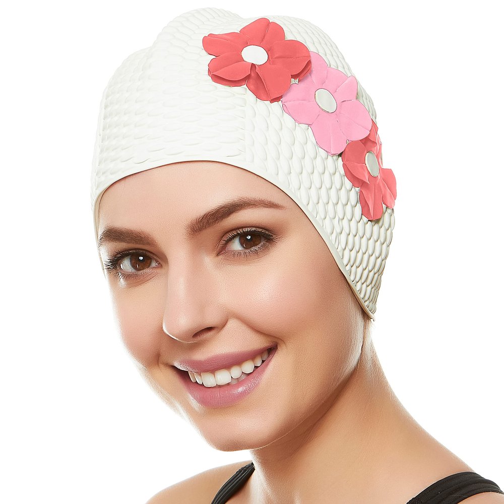 Beemo Latex Swimming Cap for Women, Swim Cap for Long Hair or Short Hair, Bath & Swim Caps to Shield Hair from Damage, Use as Large Shower Cap, White Swimming Cap with Pink Flowers