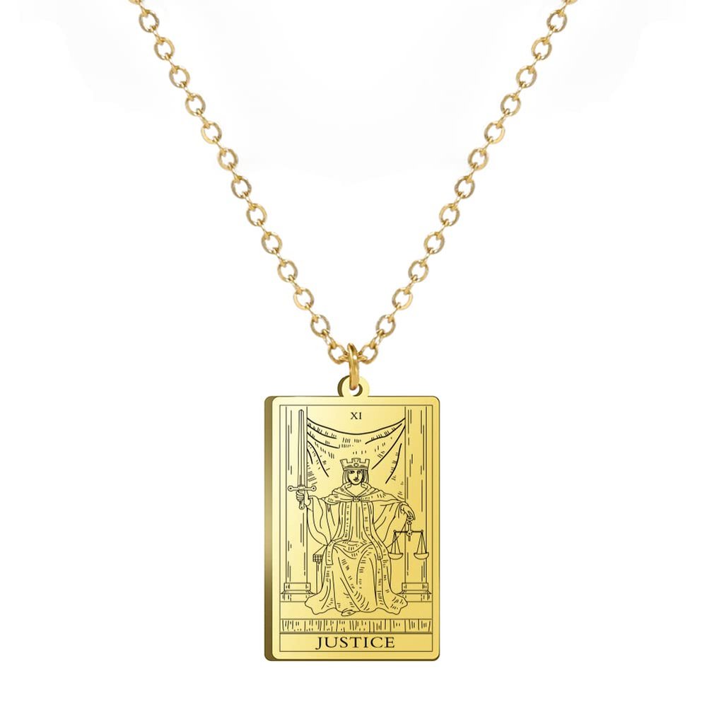 TEAMER Stainless Steel Tarot Cards Necklace Vintage Tarot Jewelry Good Luck Amulet Pendants for Women (Gold-JUSTICE)