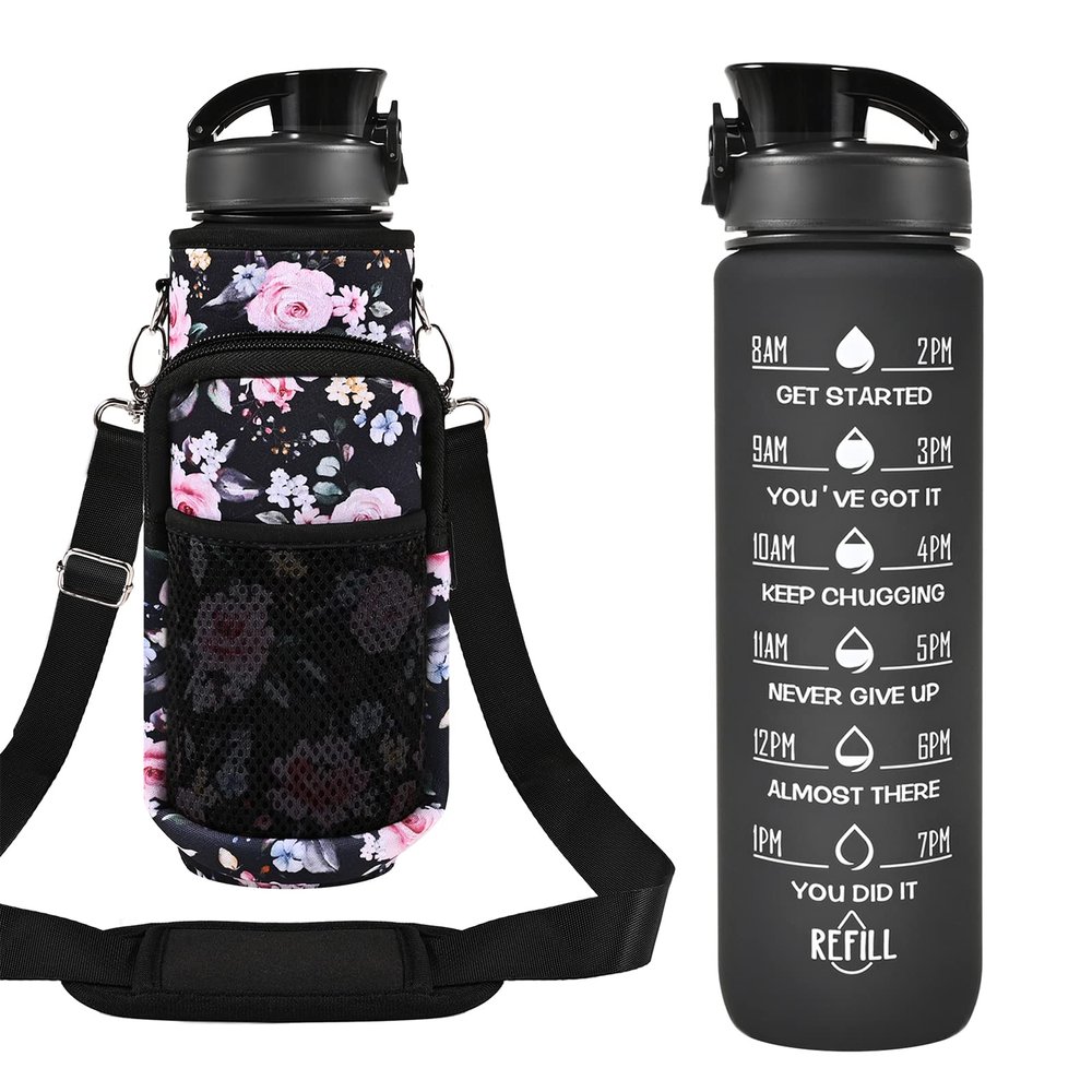 32 OZ Water Bottle with Storage Sleeve and Straw &Lid, Motivational Water Bottles with Times to Drink BPA Free Reusable Gym Water Bottles for Fitness & Sports (Midnight Rose)