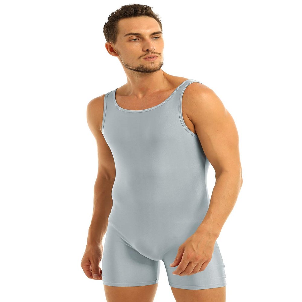 Sywiyi Men's Wrestling Singlet Leotard Sleeveless Stretchy Gym Workout One Piece Bodysuit Sportswear Silver Gray X-Large