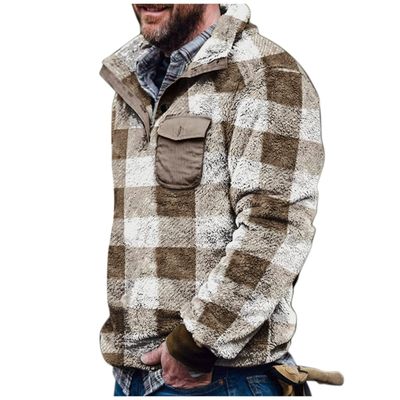 Mens Fuzzy Sherpa Fleece Pullover Jackets Western Plaid Aztec Tribal Sweater Long Sleeve Winter Sweatshirts Pocket
