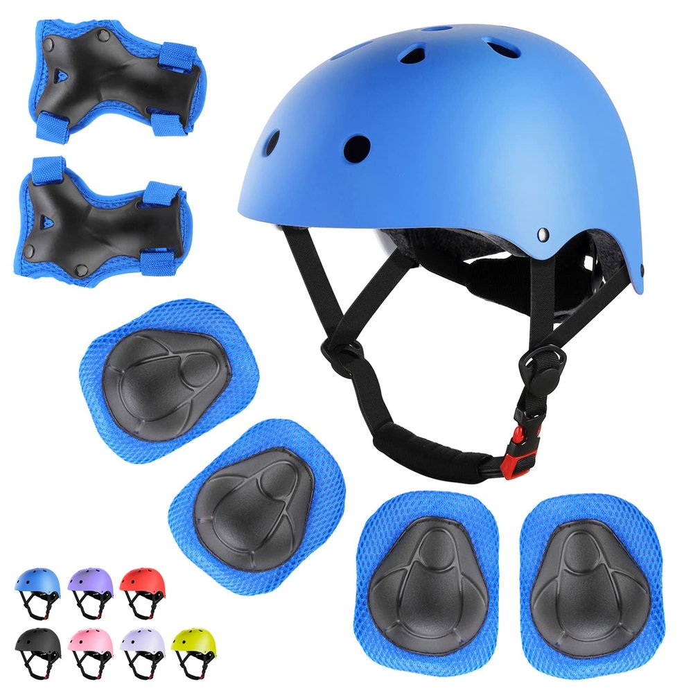 WayEee Kids Bike Helmet Set Skateboard Knee Pads, 7PCS Protective Gear Adjustable for Girls Boys 3-10 Age Elbow Pads Wrist Guards for Outdoor Sports Cycling Bike Roller Skating Scooter, Youth, Blue