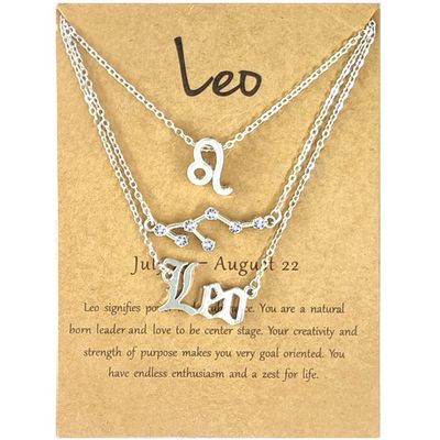 3Pcs Zodiac Gold Plated CZ Necklaces for Women Old English Necklace 12 Constellation Necklace Zodiac Sign Gifts for Women-Silver Leo