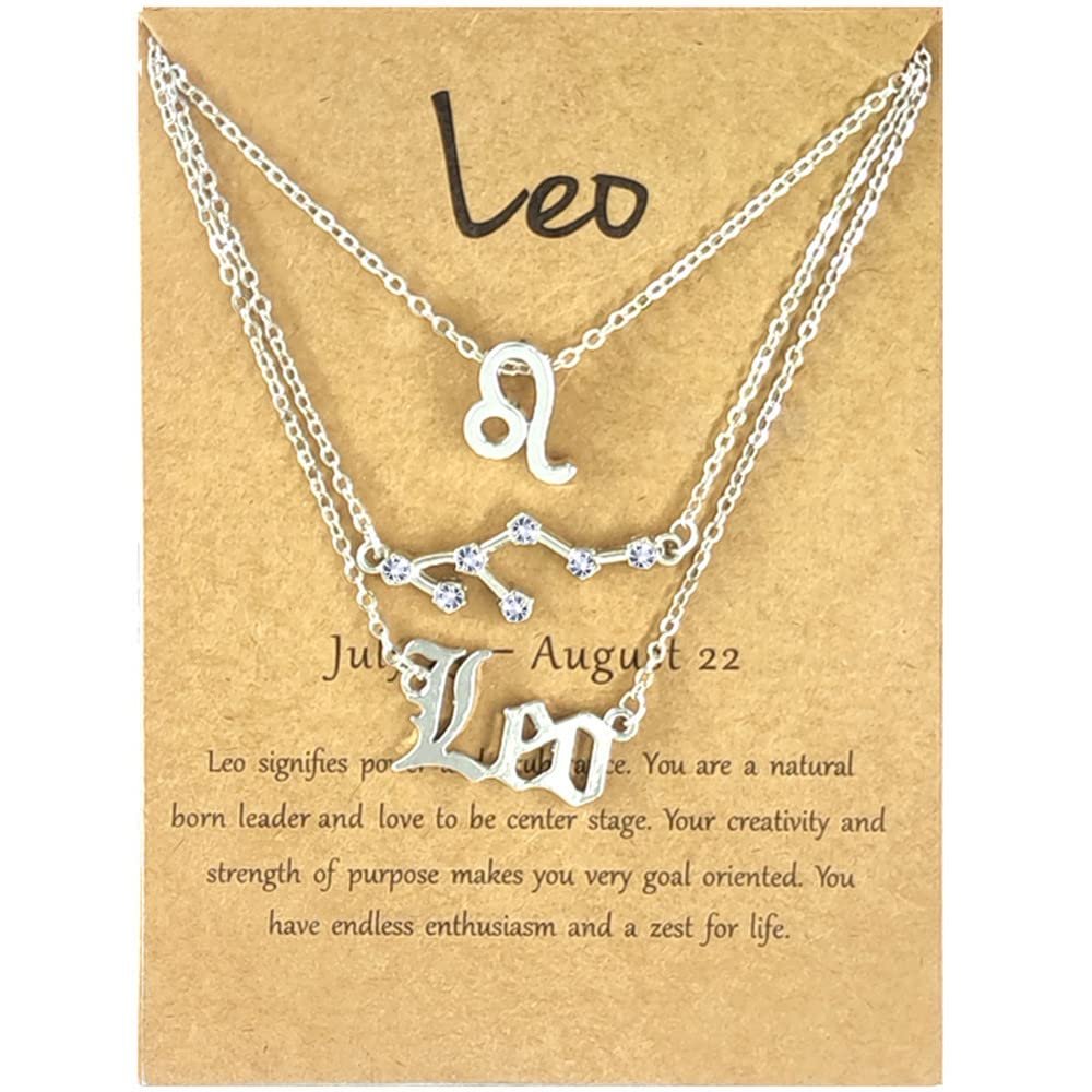 3Pcs Zodiac Gold Plated CZ Necklaces for Women Old English Necklace 12 Constellation Necklace Zodiac Sign Gifts for Women-Silver Leo