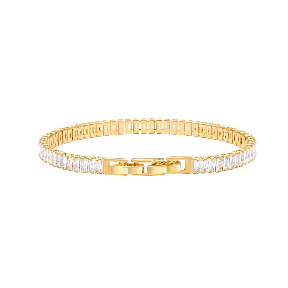PEARLADA Baguette Cubic Zirconia Tennis Bracelet, Classic 18k Gold Plated Faux Diamond Bracelet for Women, Dainty Adjustable Bracelet for Wedding 7-8