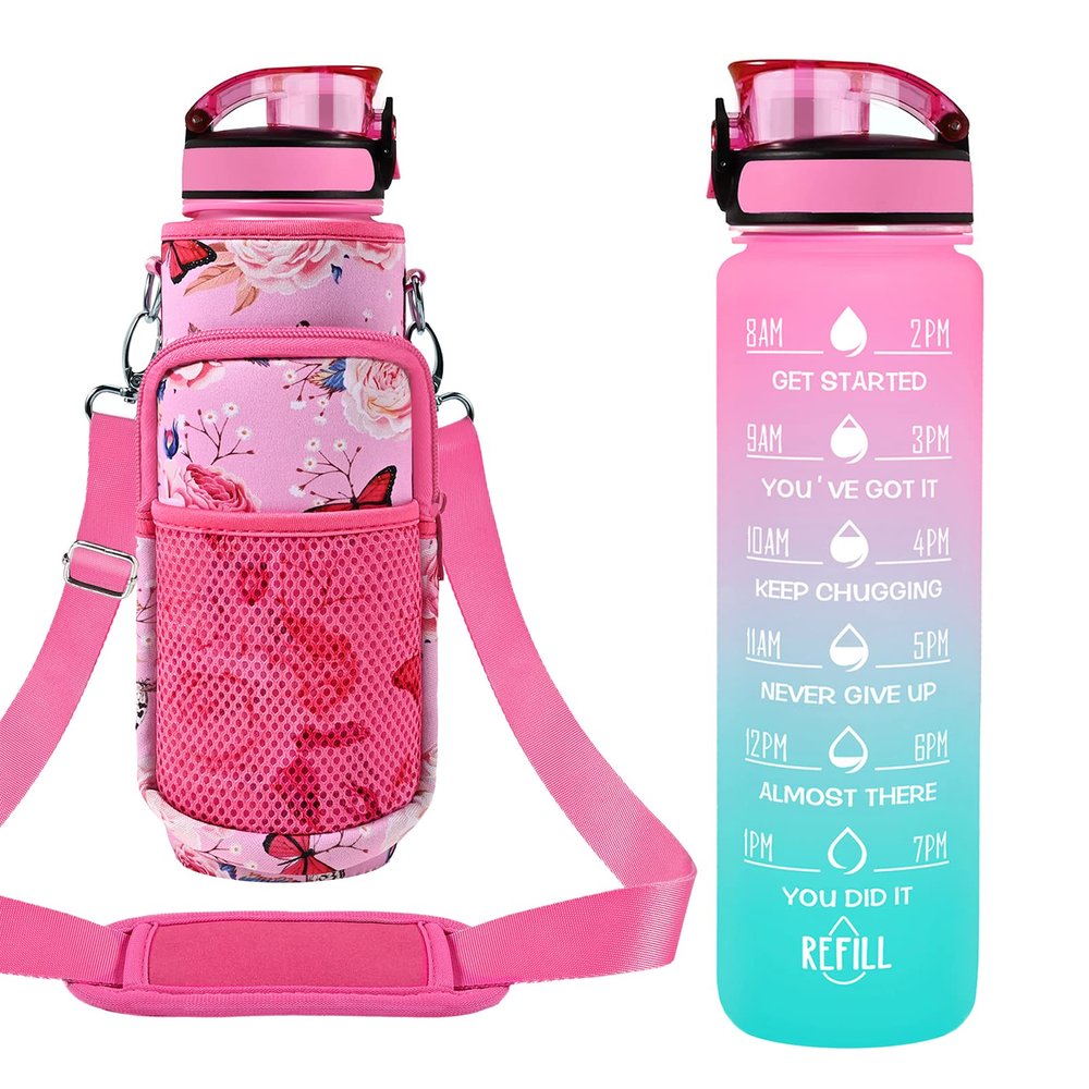 32 oz Water Bottles with Straw & Strap, Motivational Water Bottles with Times to Drink, BPA Free Reusable Sports Water Bottle with Sleeve Carrier for Gym, Workout or Fitness (Butterfly in Love)
