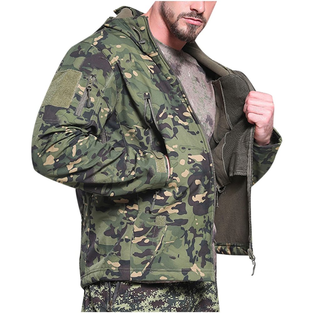 tuduoms Men's Soft Shell Fleece Lined Jacket Military Tactical Jacket Camouflage Hunting Hooded Coat Waterproof Windbreaker