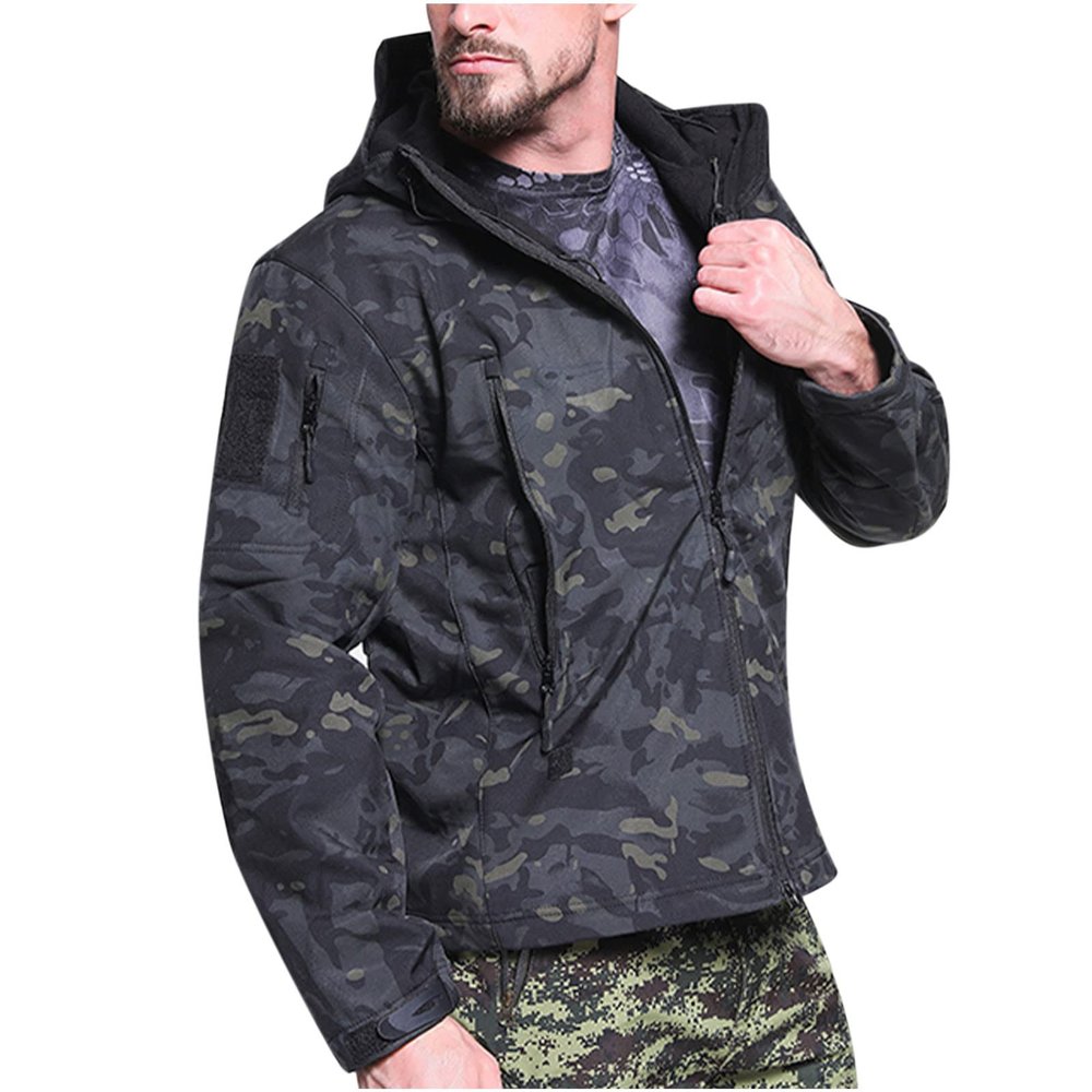 tuduoms Men's Soft Shell Fleece Lined Jacket Military Tactical Jacket Camouflage Hunting Hooded Coat Waterproof Windbreaker