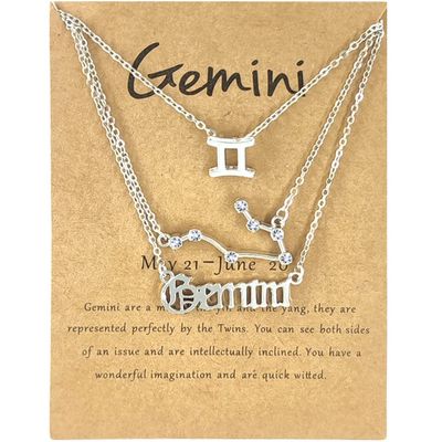 3Pcs Zodiac Gold Plated CZ Necklaces for Women Old English Necklace 12 Constellation Necklace Zodiac Sign Gifts for Women-Silver Gemini