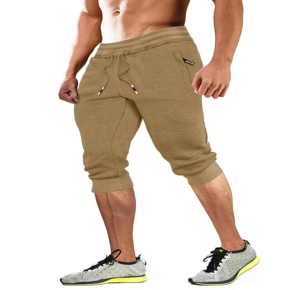 MAGCOMSEN Mens Slim Fit Cotton Athletic Gym Shorts 3/4 Capri Long Running Workout Joggers with Zipper Pockets Khaki 32