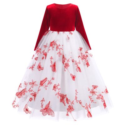 Kids Vintage Toddler Baby Velvet Winter Fall Maxi Dresses Flower Embroidery 3/4 Sleeve Princess Lace Tutu Long Sleeve Tunic Party Dance Gown for Girl Photo Shoot Butterfly-Red 11-12 Years