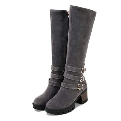 Bcshiye Womens Winter Booties Warm Side Zip-up Riding Boots Round Toe Chunky Heel Buckle Fashion Casual Knee-High Boot