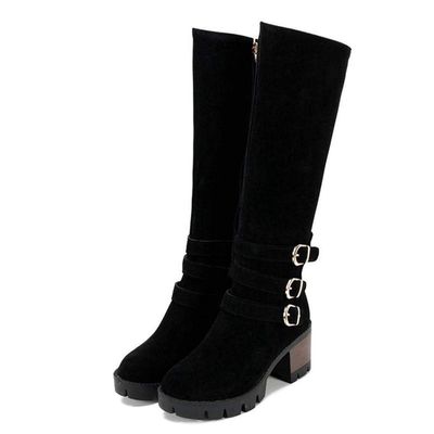Bcshiye Womens Winter Booties Warm Side Zip-up Riding Boots Round Toe Chunky Heel Buckle Fashion Casual Knee-High Boot