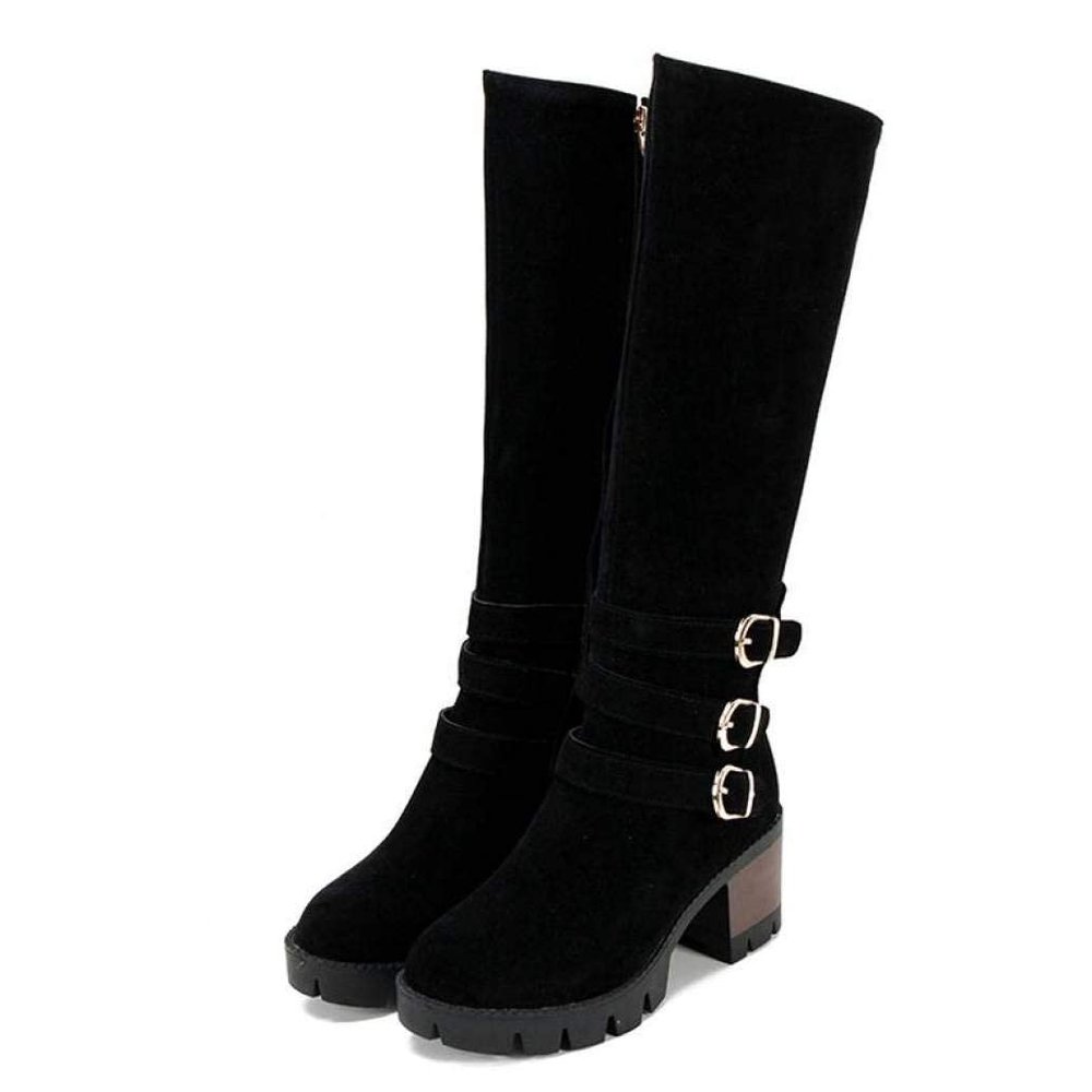Bcshiye Womens Winter Booties Warm Side Zip-up Riding Boots Round Toe Chunky Heel Buckle Fashion Casual Knee-High Boot