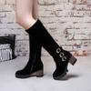 Bcshiye Womens Winter Booties Warm Side Zip-up Riding Boots Round Toe Chunky Heel Buckle Fashion Casual Knee-High Boot view 2