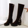 Bcshiye Womens Winter Booties Warm Side Zip-up Riding Boots Round Toe Chunky Heel Buckle Fashion Casual Knee-High Boot view 4