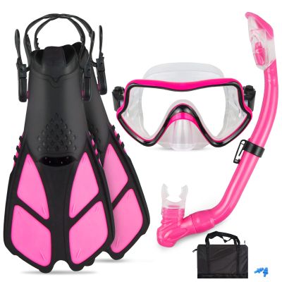 AosDero Kids Snorkeling Set Adjustable Swimming Flippers+Panoramic Snorkel Mask+ Dry Snorkel Tube+ Travel Bags Suitable Snorkeling Gear for Kids,Juniors,Age 5-14