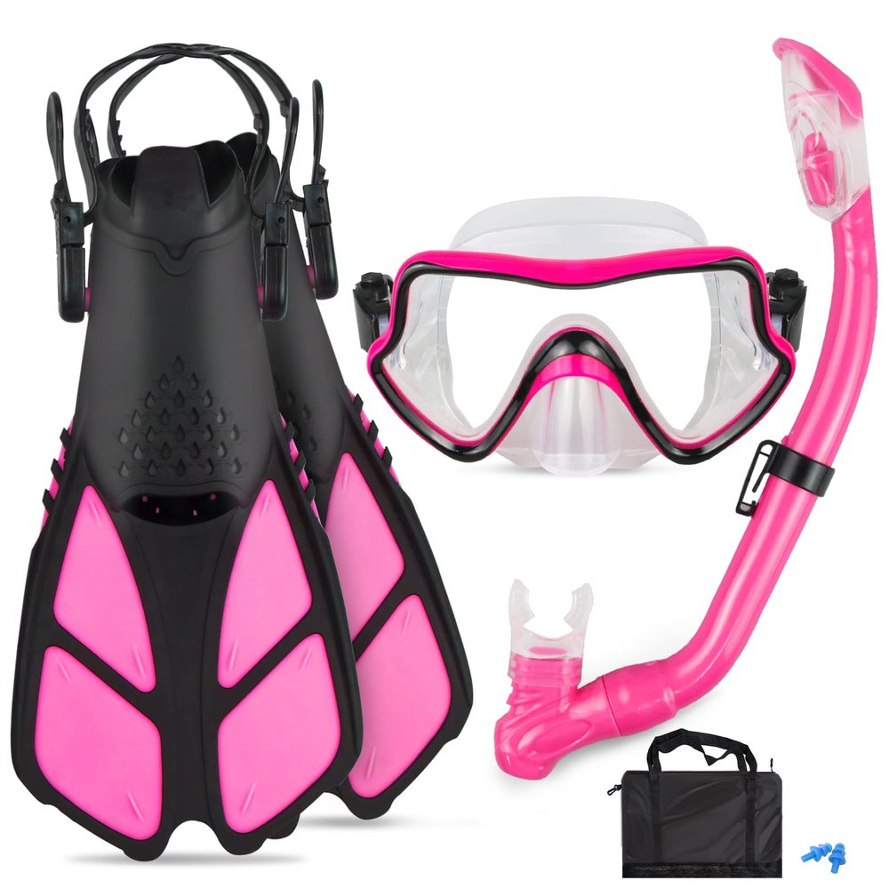 AosDero Kids Snorkeling Set Adjustable Swimming Flippers+Panoramic Snorkel Mask+ Dry Snorkel Tube+ Travel Bags Suitable Snorkeling Gear for Kids,Juniors,Age 5-14