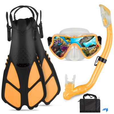 AosDero Kids Snorkeling Set Adjustable Swimming Flippers+Panoramic Snorkel Mask+ Dry Snorkel Tube+ Travel Bags Suitable Snorkeling Gear for Kids,Juniors,Age 5-14