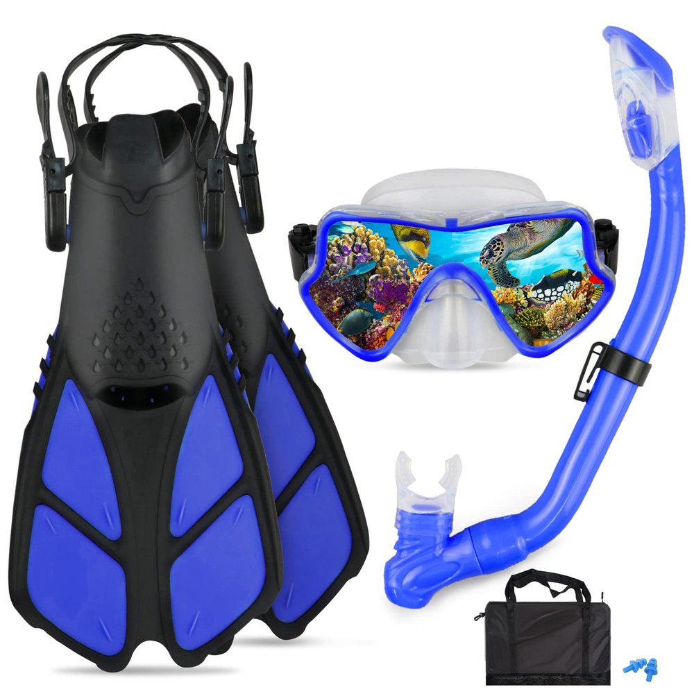 AosDero Kids Snorkeling Set Adjustable Swimming Flippers+Panoramic Snorkel Mask+ Dry Snorkel Tube+ Travel Bags Suitable Snorkeling Gear for Kids,Juniors,Age 5-14
