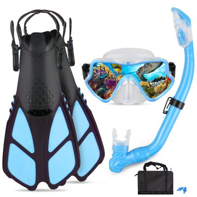 AosDero Kids Snorkeling Set Adjustable Swimming Flippers+Panoramic Snorkel Mask+ Dry Snorkel Tube+ Travel Bags Suitable Snorkeling Gear for Kids,Juniors,Age 5-14