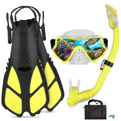 AosDero Kids Snorkeling Set - Adjustable Kids Flippers + Panoramic Snorkel Mask + Dry Snorkel Tube + Travel Bags - Suitable Snorkeling Gear for Ages 5-14
