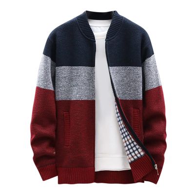 tuduoms Sweaters Mens Fleece Lined Slim Full Zip Knitted Jacket Thick Cardigan Coat Color Block Long Sleeve Fashion Knitwear
