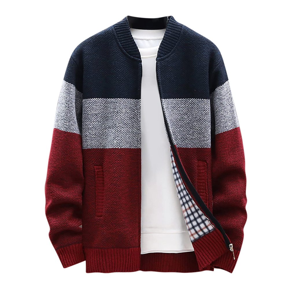 tuduoms Sweaters Mens Fleece Lined Slim Full Zip Knitted Jacket Thick Cardigan Coat Color Block Long Sleeve Fashion Knitwear