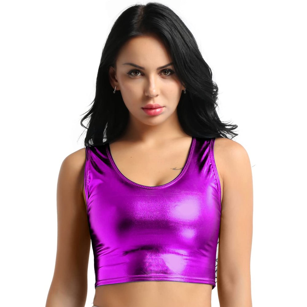Moggemol Women's Shiny Metallic Sleeveless Crop Tops Party Rave Dance Tank Shirt Clubwear Dancewear Metallic,Purple One Size