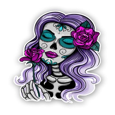 Sugar Skull Gril Teal Purple Day of The Dead Vinyl Sticker (3 inches Tall)