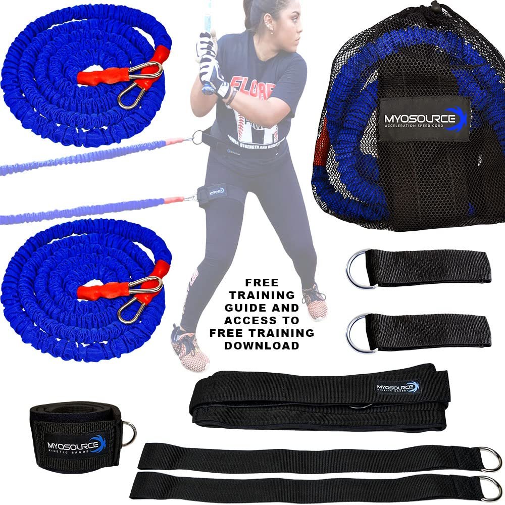 Kinetic Bands Myosource Powerhouse Hitter Softball/Baseball Acceleration Speed Cord Batting Trainer Kit (2 Bungee Cords, Belt, Leg Strap, 2 Anchor Straps) (Medium-Belt (32-39 inch Waist))
