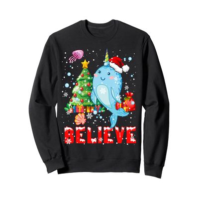 Believe Cute Christmas Santa Narwhal Unicorn Of The Sea Kids Sweatshirt