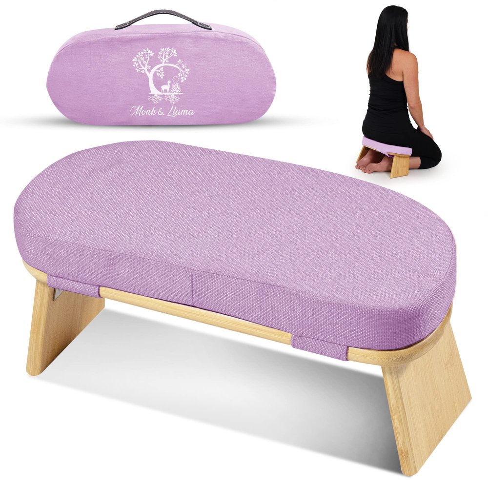 Monk & Llama Meditation Bench - Foldable, Ergonomic, Bamboo Kneeling Stool with Extra Comfortable Cushion Perfect Seiza Bench Meditation Stool Chair for Prayer & Travel - Deeper & Enjoyable Sessions
