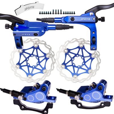 JFOYH 4-Piston MTB Hydraulic Brake Set with 160mm Floating Disc Rotors, Front and Rear Hydraulic Disc Brake Kit for MTB(Pre-Bled, Left-Front/Right-Rear)-Blue