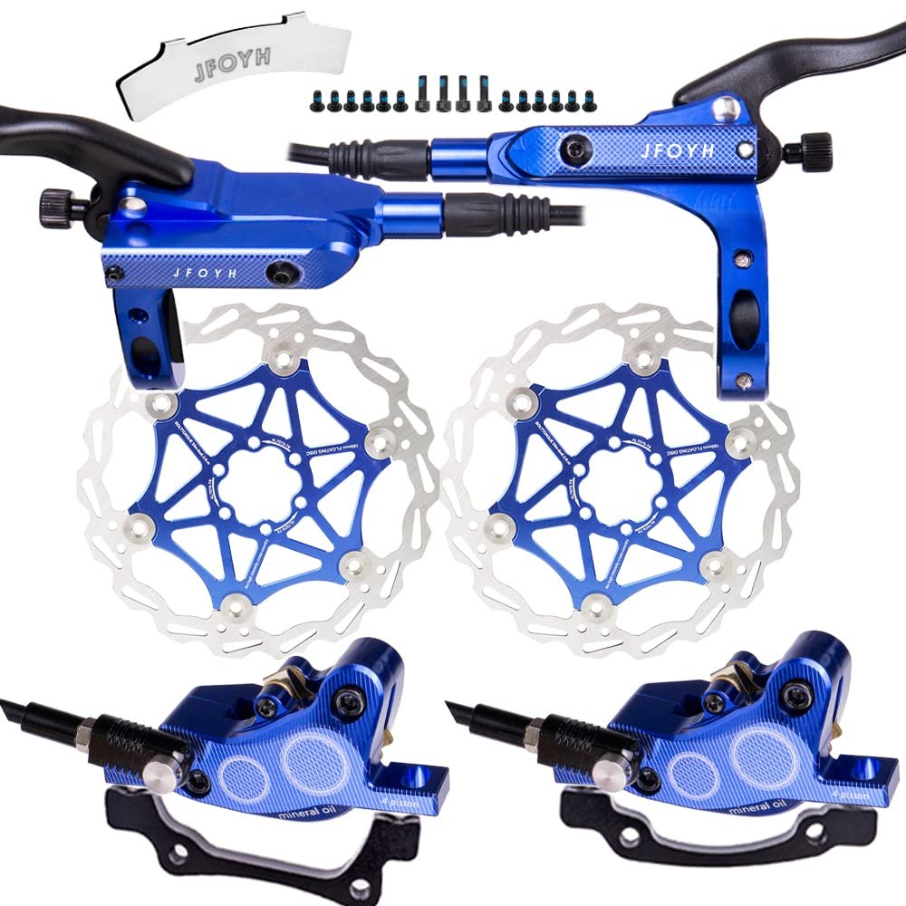 JFOYH 4-Piston MTB Hydraulic Brake Set with 160mm Floating Disc Rotors, Front and Rear Hydraulic Disc Brake Kit for MTB(Pre-Bled, Left-Front/Right-Rear)-Blue