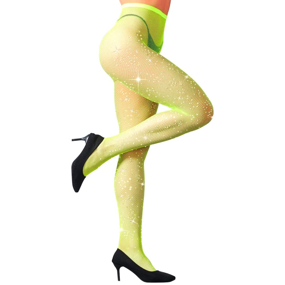 WEANMIX Women's Rhinestone Fishnet Stockings Pantyhose, High Waist Sparkly Tights for Women, Neon Green