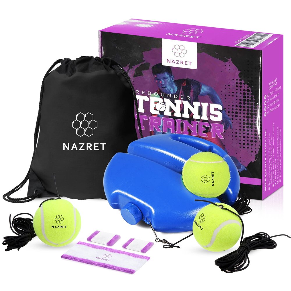 NAZRET Tennis Trainer Rebounder Set  Solo Tennis Trainer Practice Equipment with a Headband, Wristbands, Drawstring Bag, 3Balls, 3Ropes & 1 Base  Solo Tennis Trainer.