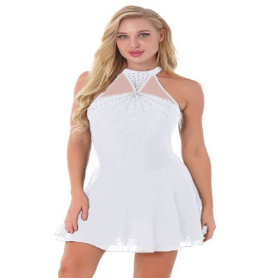 YOOJOO Women Girls Sleeveless Halter Figure Ice Skating Dress Rhinestone Gymnastic Dance Leotard Competition Costume White B XX-Large