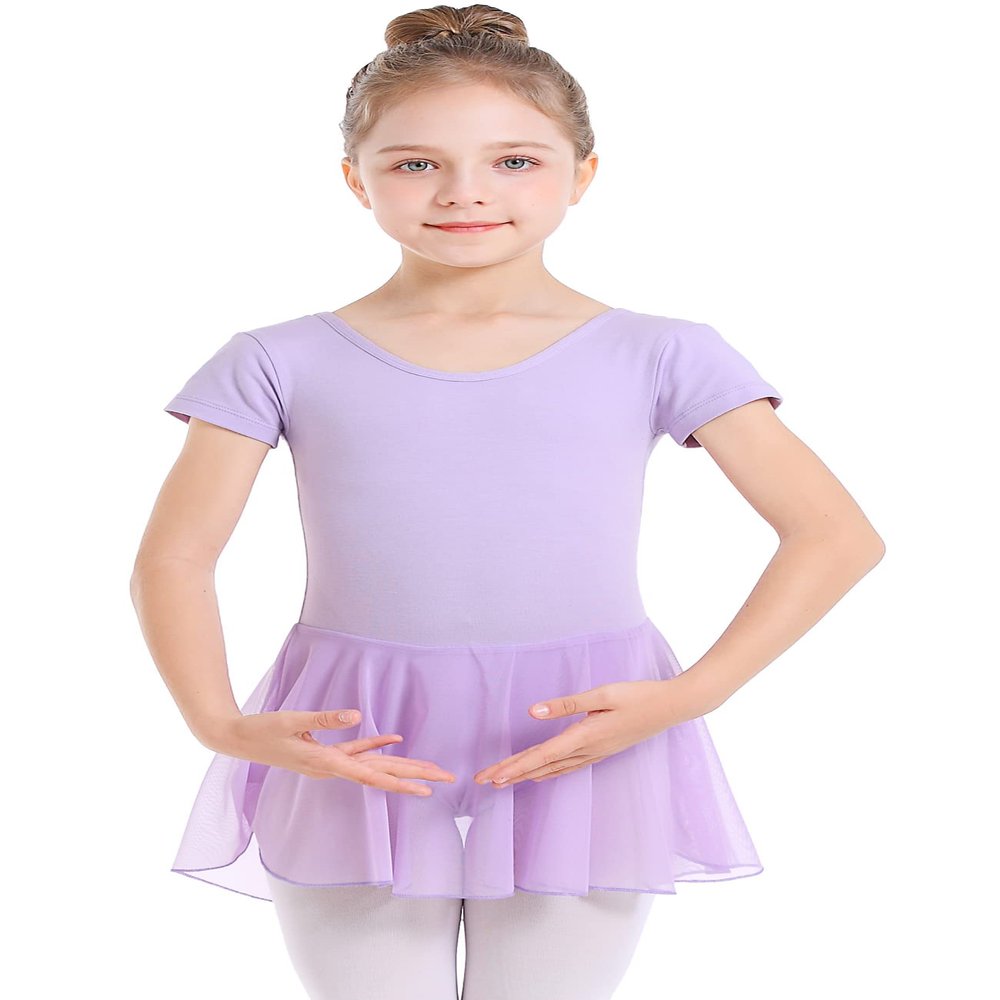 danswan Classic Short Sleeve Ballet Skirted Leotards Dance Dresses Tutu Outfit for Ballerina Toddler Girls (10-12Years, Purple)
