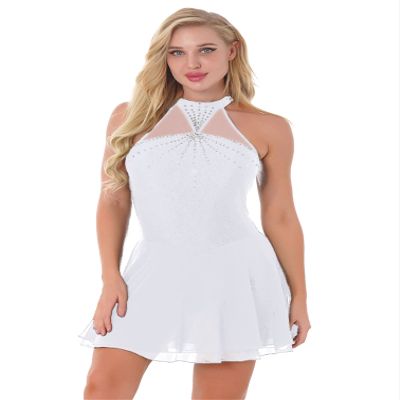 iiniim Women's Rhinestone Halter Neck Ballet Dance Dress Mesh Splice Figure Skating Lyrical Dance Leotard White XX-Large