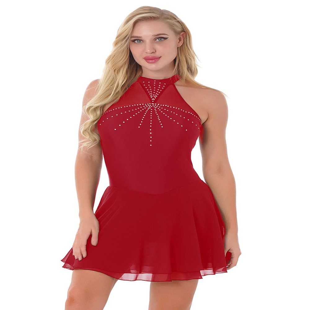 iiniim Women's Rhinestone Halter Neck Ballet Dance Dress Mesh Splice Figure Skating Lyrical Dance Leotard Burgundy XX-Large