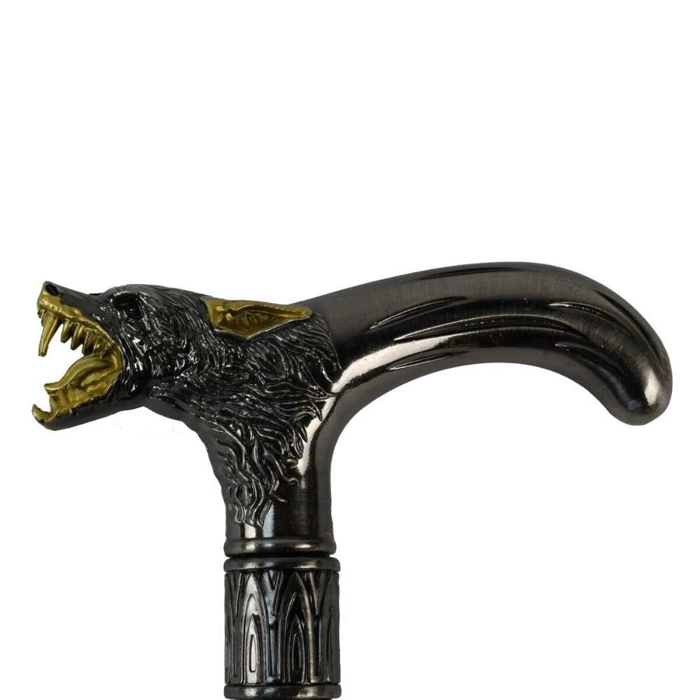 37" Screaming Wolf Head Teeth T Handle Cane 2pc Metal Shaft Travel Walking Stick