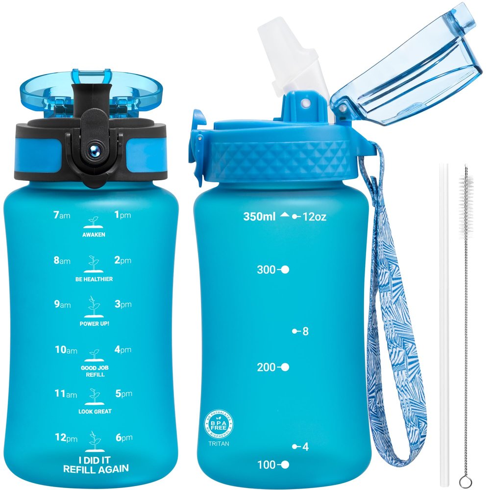 OLDLEY Kids Water Bottle for School, 12 oz (2 lids) BPA-Free Reusable Leak-proof Durable Tritan Plastic Water Bottles with Straw & Chug Lids, Anti-dust Spout Cover (Blue)