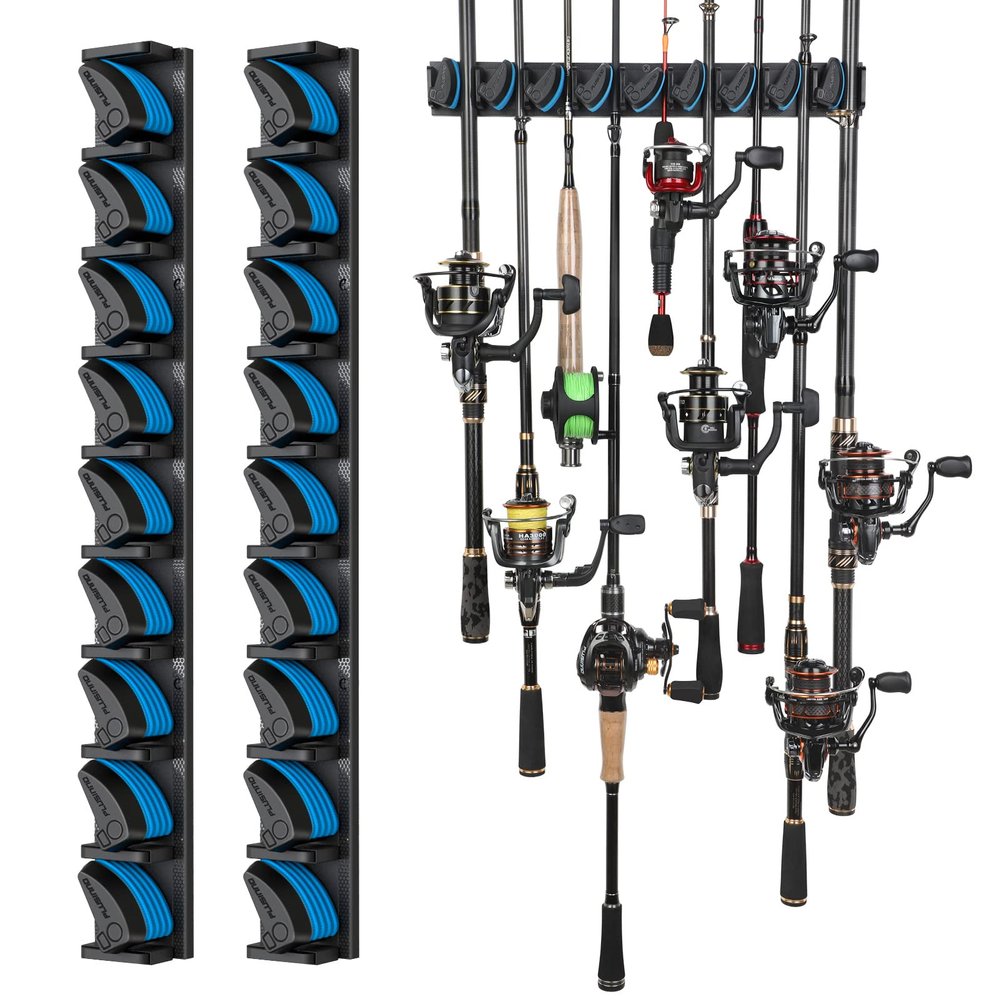 PLUSINNO 2 pack Vertical Fishing Rod rack, Wall Mounted Fishing Rod holder, 2 Packs Fishing Pole Holders Hold Up to 18 Rods or Combos, Fishing rod holders for garage, Fishing Gear and Gifts for Men